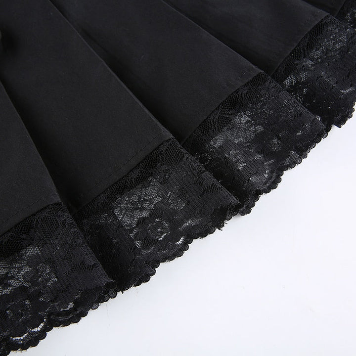 Flattering women's high-waist lace mini skirt. Chic aesthetic style, ideal for date night, party, or grunge fashion.