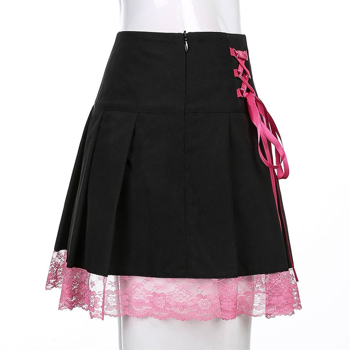 Flattering women's chic lace mini skirt. High-waist aesthetic design, ideal for date night or party fashion.
