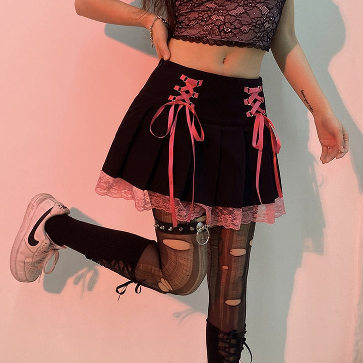 Grunge-inspired high-waist lace mini skirt. Women's aesthetic apparel for party wear and chic date nights.