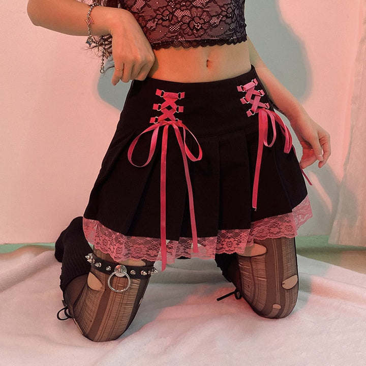 Fashionable women's lace mini skirt with a flattering high-waist. Chic aesthetic style for modern apparel.