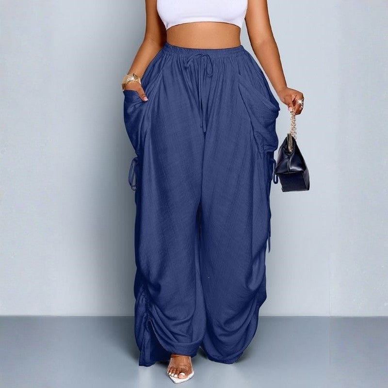 Comfortable high-waist wide leg women's pants with drawstring. Versatile for everyday modern style.