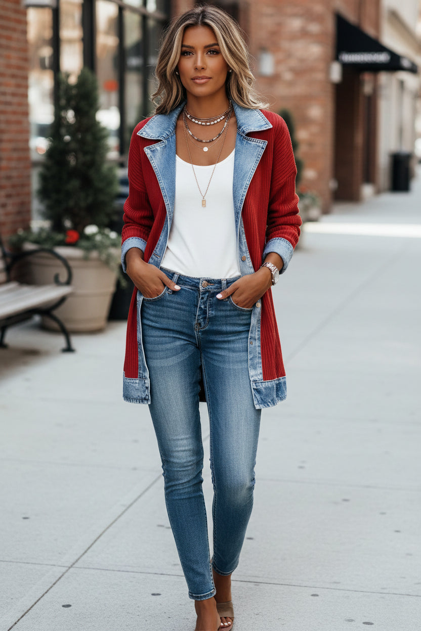 Elegant women's hybrid button jacket, showcasing structured details and a modern design for outerwear.