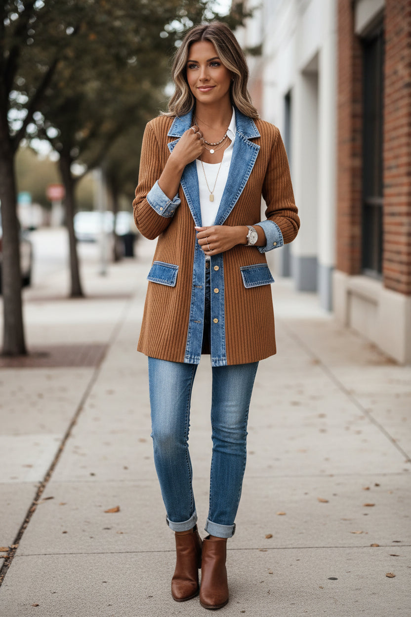 Front view of a women's chic hybrid fashion jacket, highlighting structured elements and button closure.
