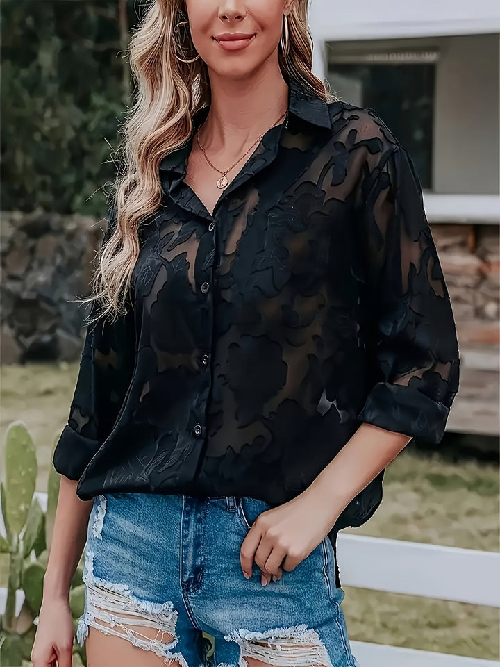 Chic women's jacquard V-neck blouse, elegant long sleeve top for workwear & evening.
