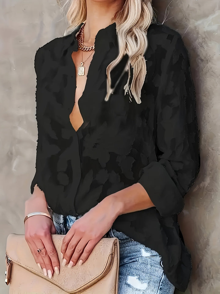 Versatile women's jacquard V-neck blouse, perfect as chic workwear or an elegant long sleeve evening top.