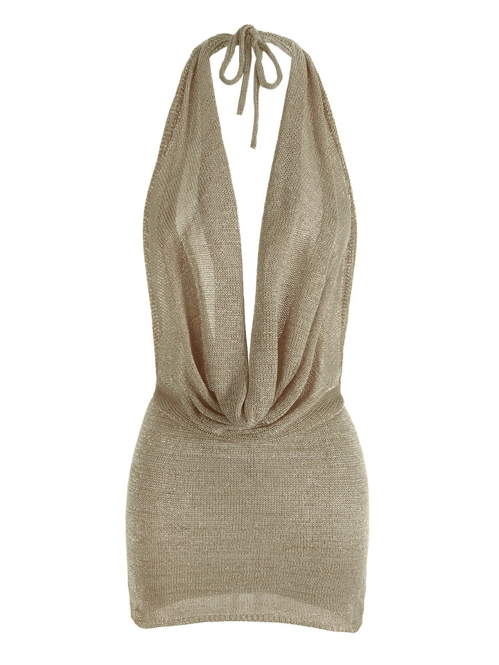 Khaki women's mini dress with a plunging deep V neckline and elegant backless design, chic for summer.