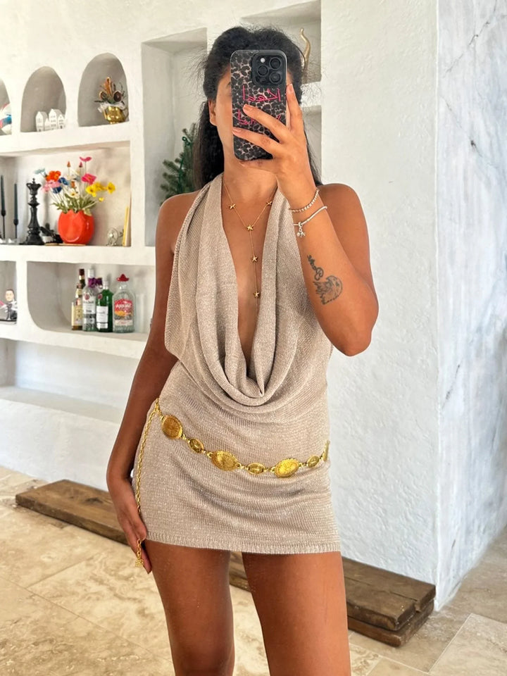 Versatile women's khaki deep V mini dress, backless and sleeveless, suitable for both casual and party wear.