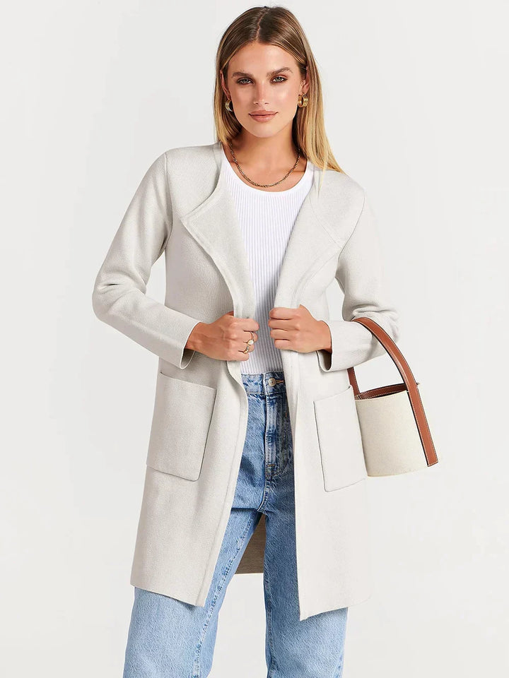 Cozy women's cardigan with lapel & pockets, great for a chic outerwear style.