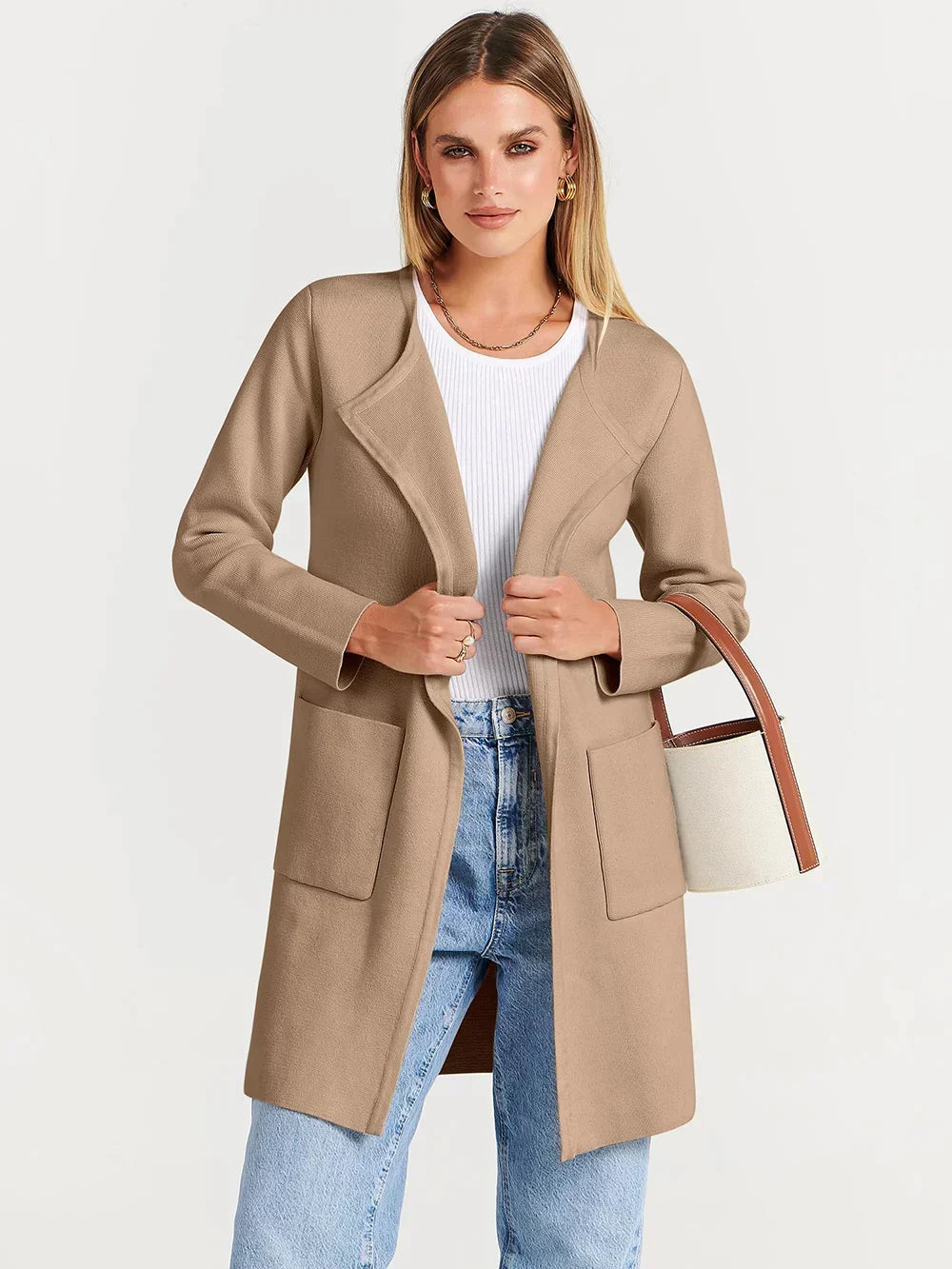 Chic women's long sleeve cardigan, ideal for sophisticated layering & comfort.