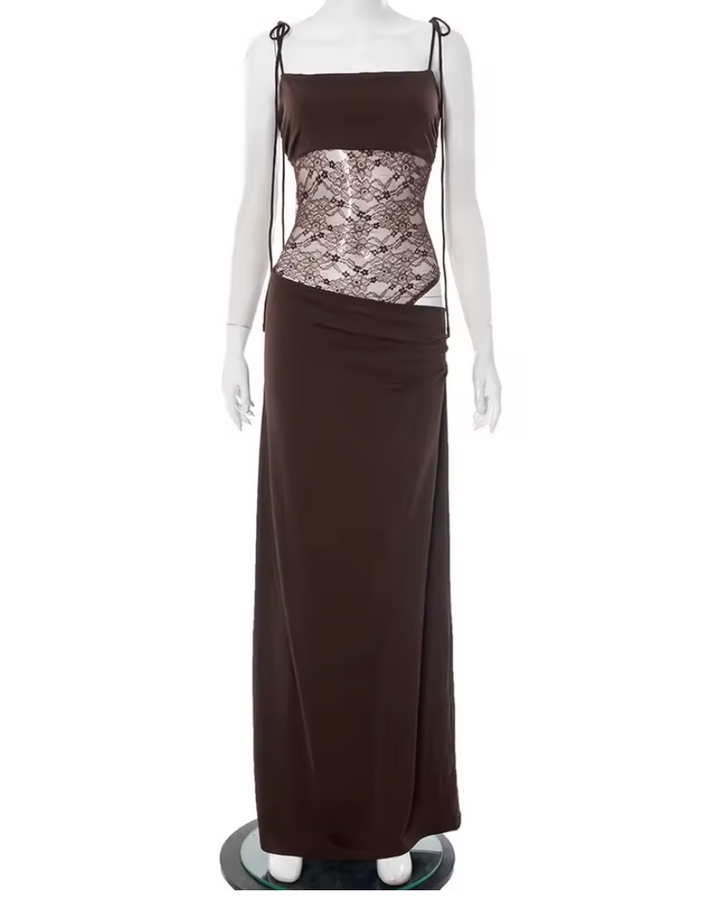 Formal women's maxi dress with intricate lace, a chic square neckline, and a flattering silhouette for guests.