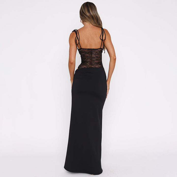 Delicate lace maxi dress with a chic square neckline, an elegant choice for any wedding guest or event.