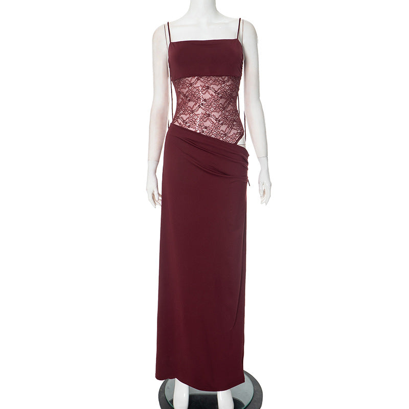 Stylish lace maxi wedding guest dress, featuring a modern square neck design & luxurious fabric.