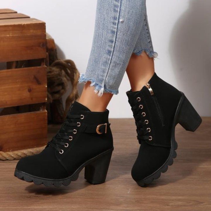 Chic women's lace-up chunky ankle boots with a comfortable block heel, perfect for fall and winter fashion.