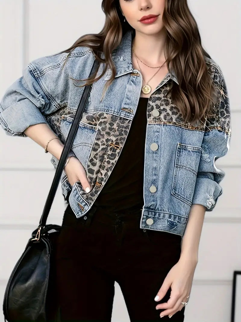 Bold leopard print women's denim jacket, ideal for casual wear, fall & winter fashion.