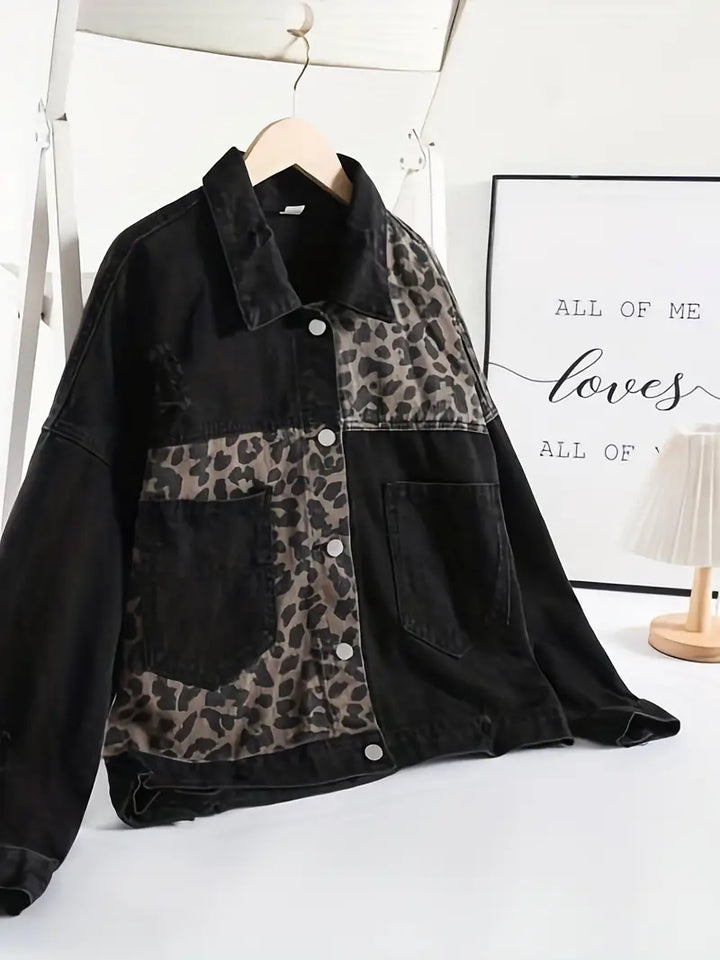 Women's long sleeve leopard print denim jacket, ideal for casual fall & winter fashion.