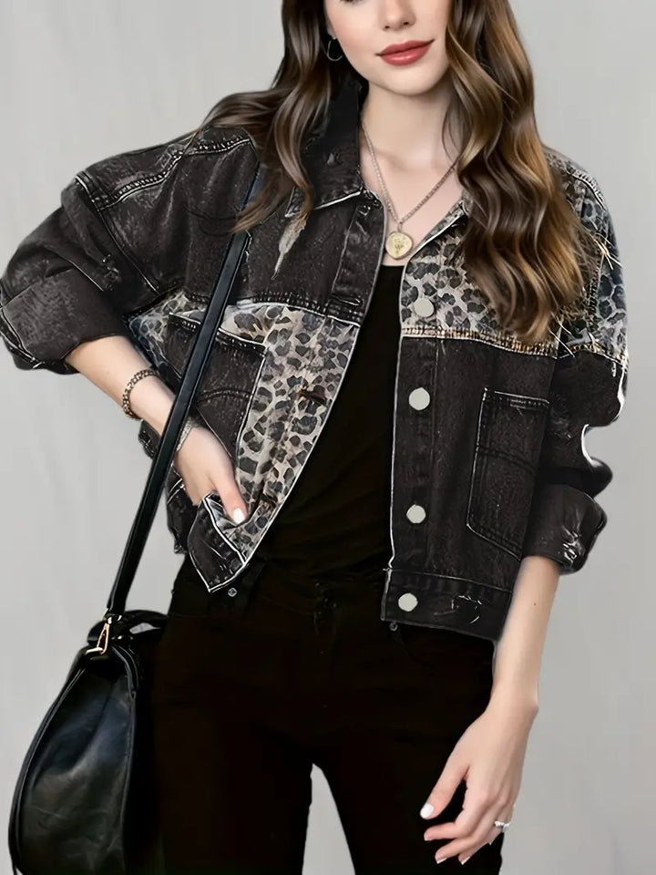 Leopard print denim jacket for women, a bold and stylish outerwear piece for street fashion.