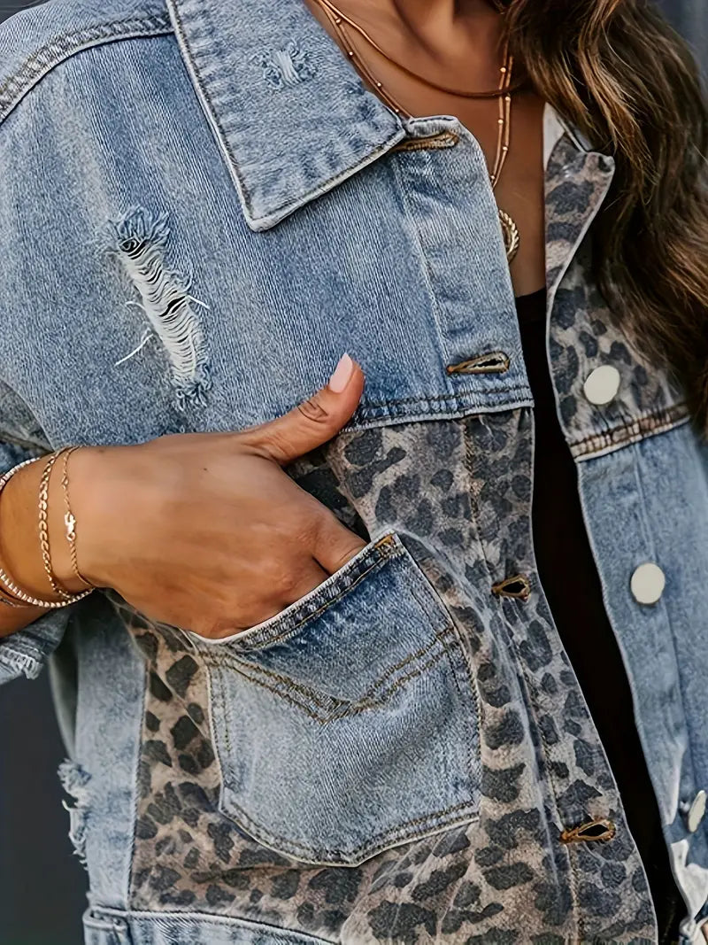 Women's bold leopard print denim jacket, long sleeve, perfect for fall street style fashion.