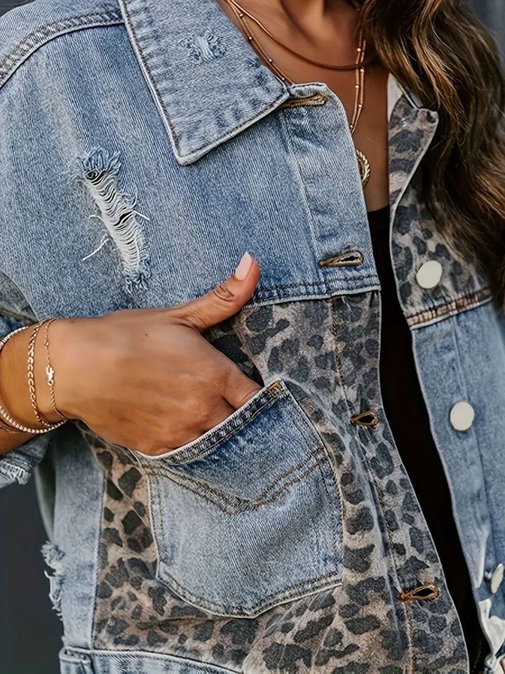 Women's bold leopard print denim jacket, long sleeve, perfect for fall street style fashion.