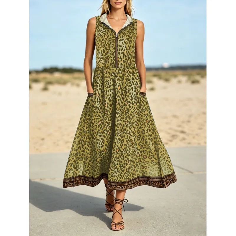 Chic women's leopard print maxi dress with hood and zipper. Perfect stylish sleeveless summer casual dress.