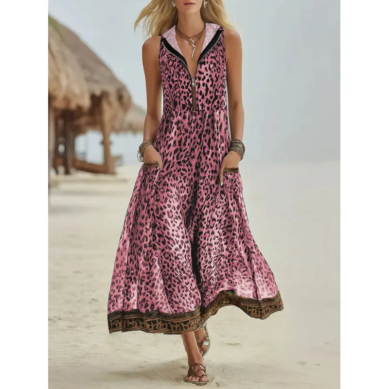 Stylish women's animal print maxi dress. Trendy leopard pattern, hooded design, and full zipper detail for casual wear.