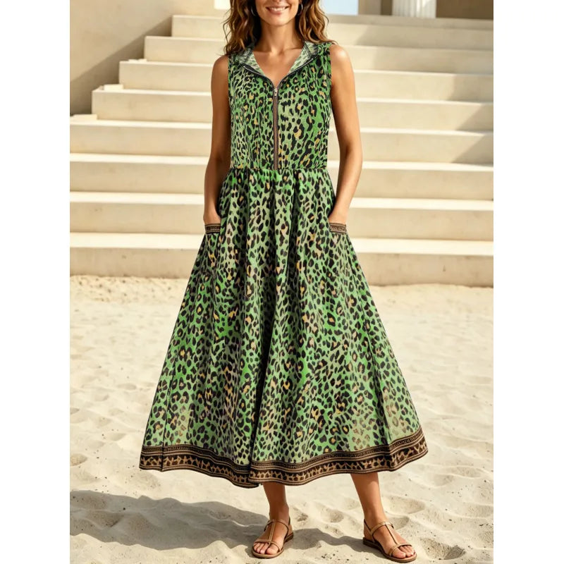 Elegant women's sleeveless leopard print maxi dress. Features a comfy hood and stylish front zipper, ideal for summer.