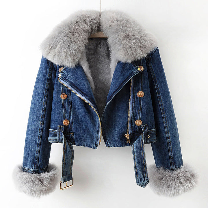 Fashionable dark blue cropped jacket for women, featuring a versatile detachable collar, ideal for chic outerwear.