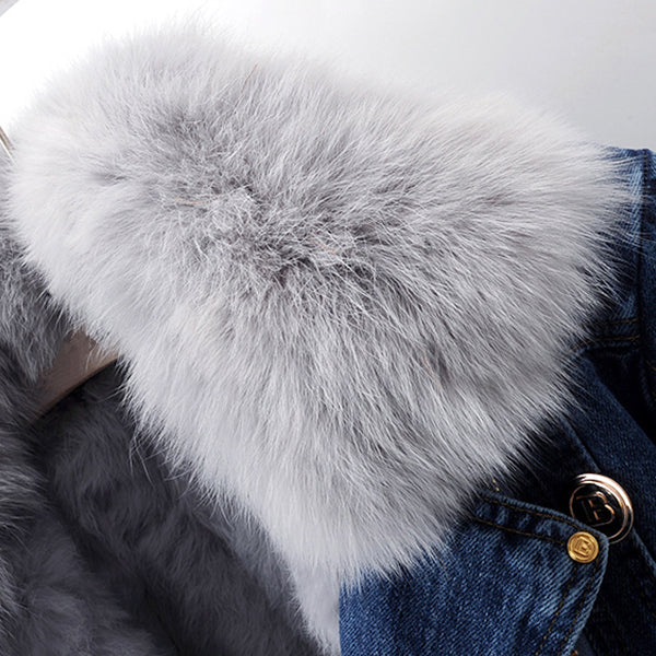 Stylish women's cropped jacket with a unique detachable collar, available in light and dark blue for chic fashion.