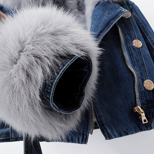 Elegant women's cropped jacket, light/dark blue casual outerwear with a chic detachable collar for versatile styling.