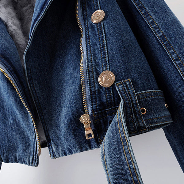 Light blue women's chic cropped jacket, a trendy outerwear piece with detachable collar for everyday casual fashion.