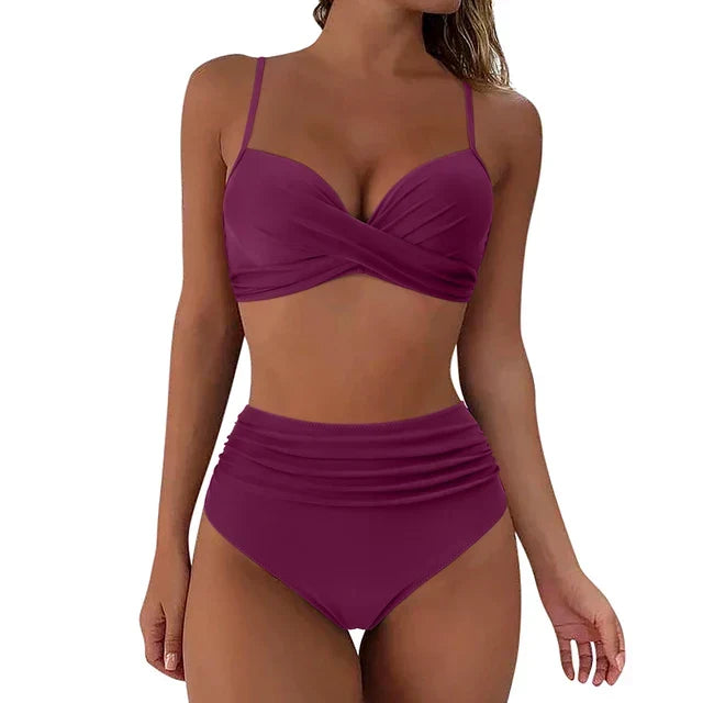 Model enjoying the sun in her comfortable women's Mila bikini swimsuit set.
