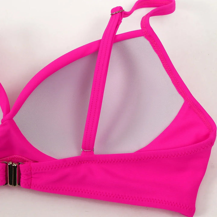 Close-up of the stylish women's bikini top from the comfortable Mila swimsuit set.