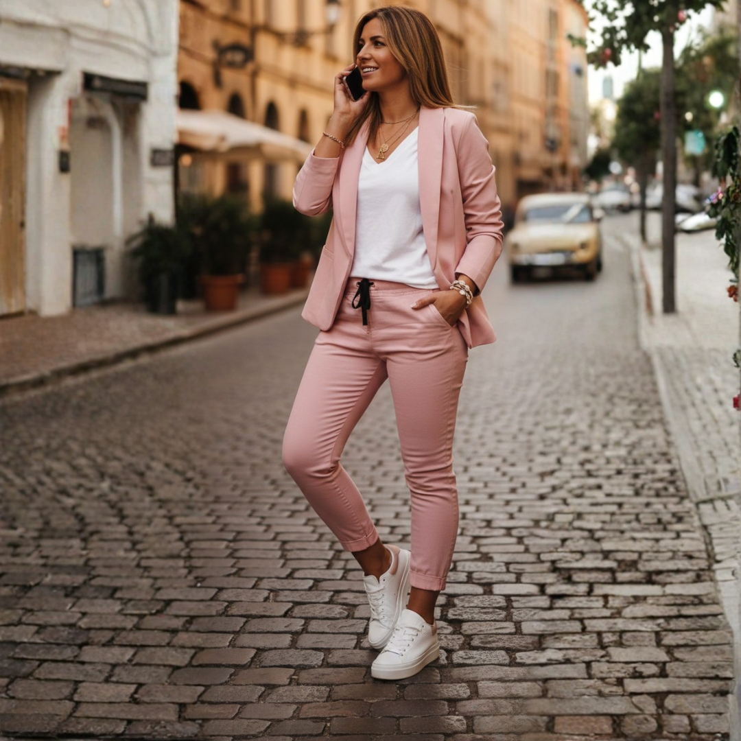 Chic women's open front blazer & jogger set with ruched sleeves. A stylish two-piece smart casual outfit.