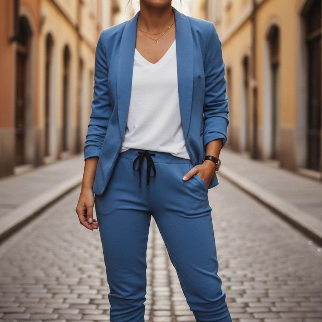 Beige women's chic two-piece blazer and jogger set. Open front blazer with ruched sleeves & comfy joggers.