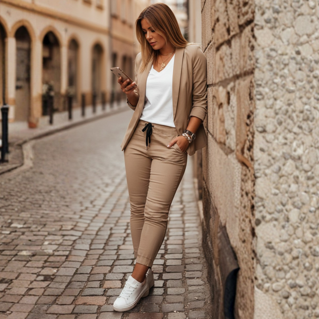 Chic women's two-piece outfit: open front blazer and jogger set. Ruched sleeves add a stylish touch.