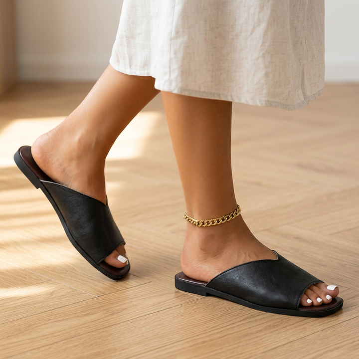 Black open-toe flats for women, chic, comfortable & lightweight for everyday summer wear.
