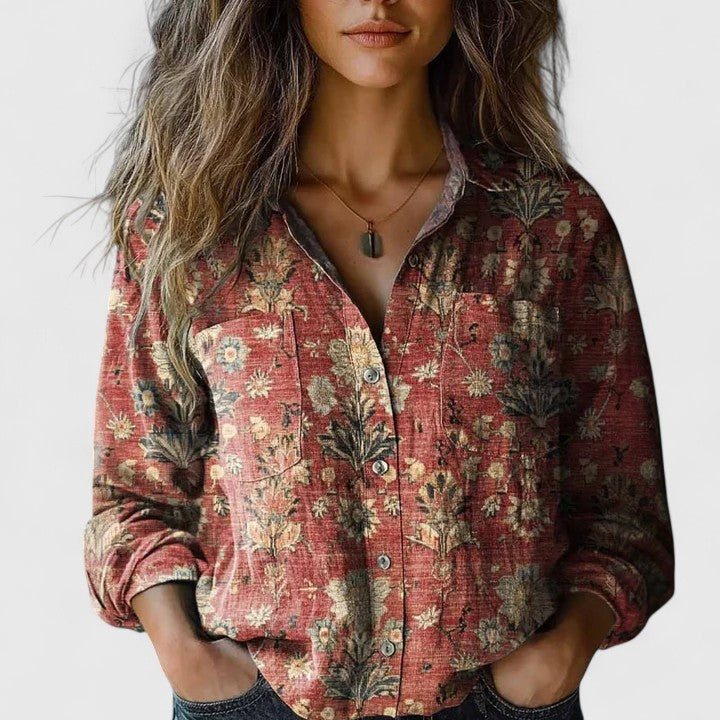 Elegant women's floral print blouse featuring a stylish lapel collar. Long sleeve red top, perfect for smart casual wear.