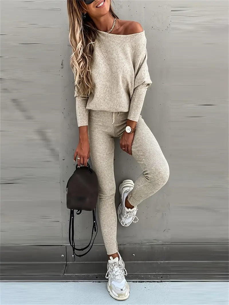 Close-up of soft ribbed fabric on a women's two-piece matching loungewear set, ideal for cozy comfort.