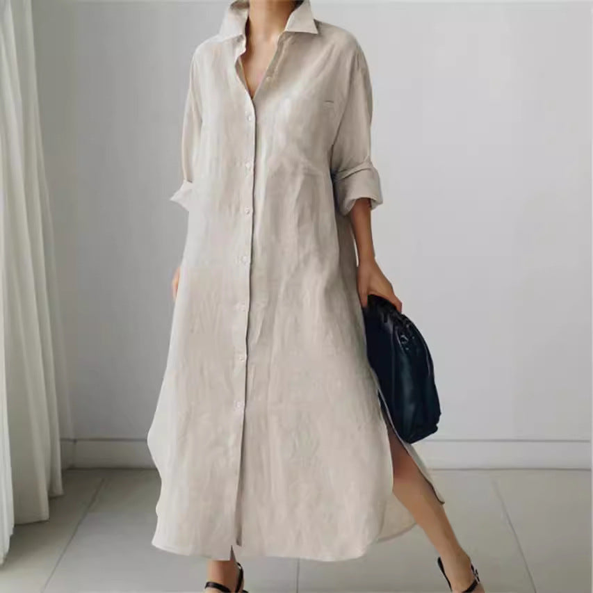 Chic women's roll-sleeve midi shirt dress with pockets. Casual button-down style, perfect for versatile everyday summer wear.