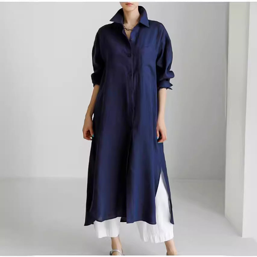 Versatile women's summer midi shirt dress with roll sleeves and pockets. A chic, comfortable button-down for casual days.