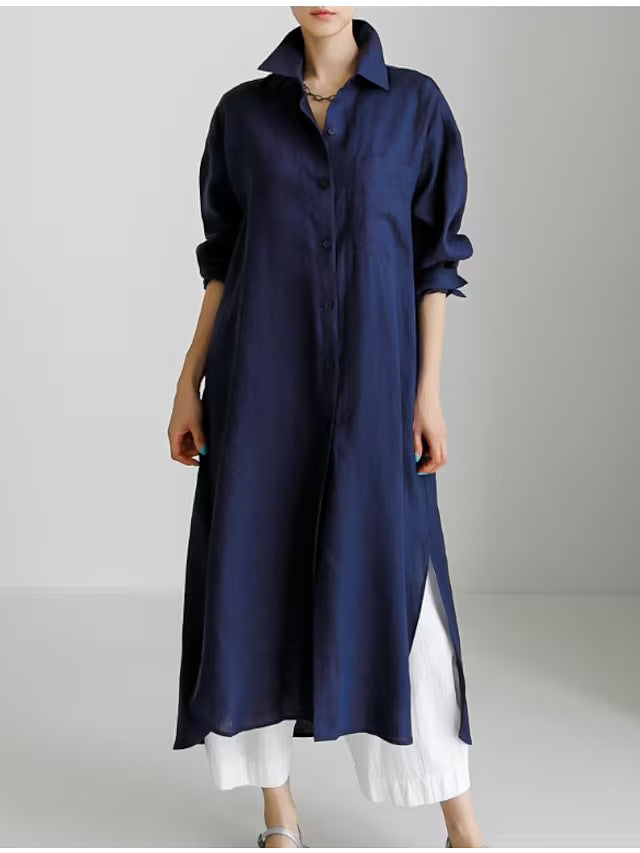 Everyday women's casual midi shirt dress. Features roll sleeves, full button-front, and handy pockets. Chic & comfortable.