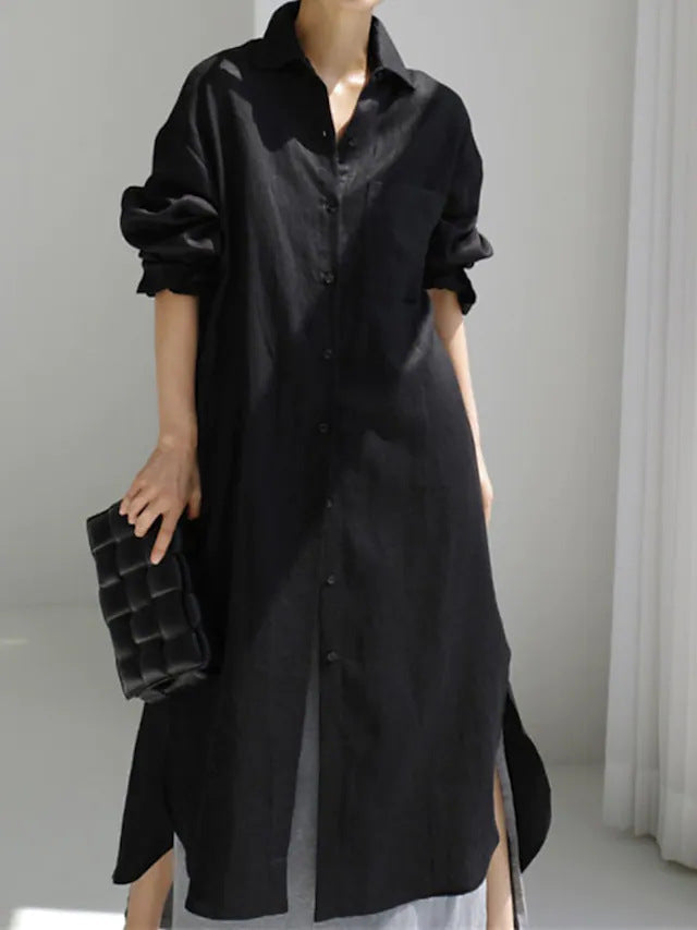 Classic women's midi shirt dress with roll sleeves & pockets. Chic button-down, relaxed fit for versatile summer style.