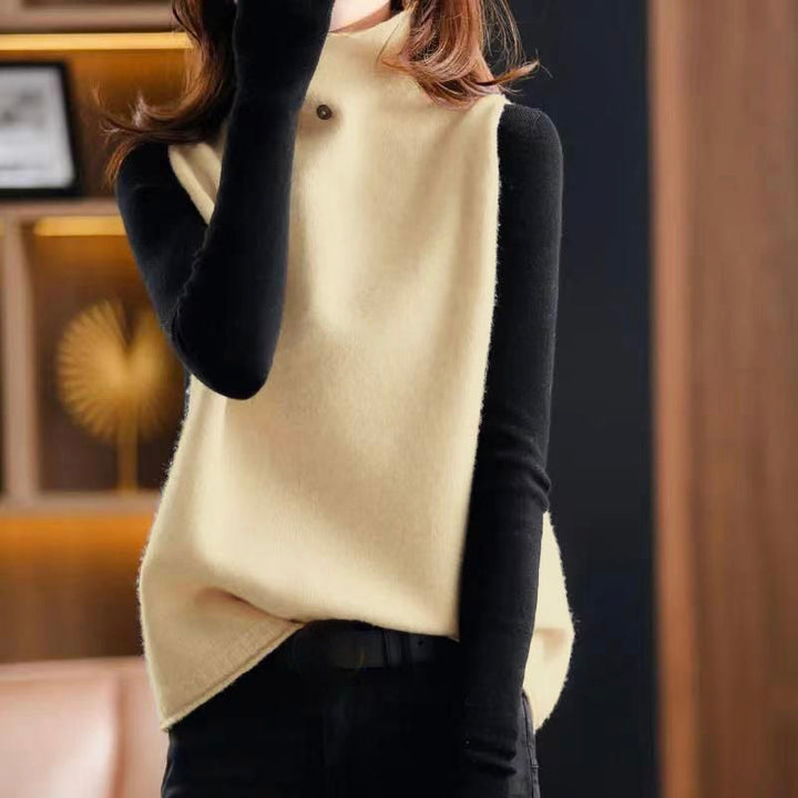 Modern women's sleeveless turtleneck vest, easy-to-layer chic top for versatile casual and elegant looks.