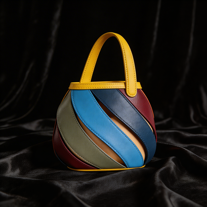 Chic women's spiral cage bucket handbag with top handle. Elegant multicolor fashion accessory.