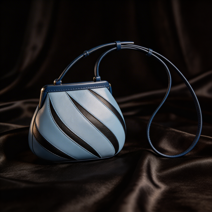 Statement blue spiral cage bucket handbag for women. Fashionable top handle accessory with unique design.