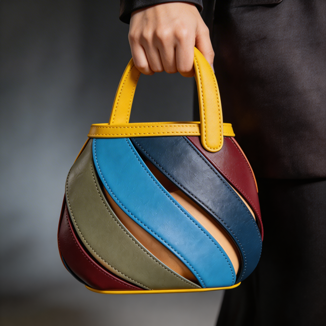 Elegant women's spiral cage bucket handbag. Chic fashion bag with a unique top handle design.