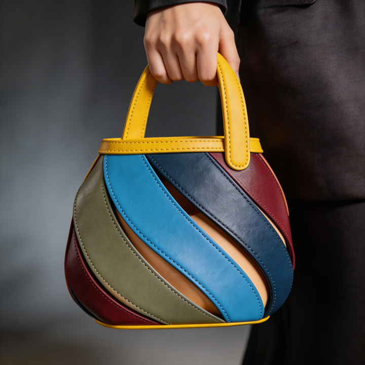 Elegant women's spiral cage bucket handbag. Chic fashion bag with a unique top handle design.