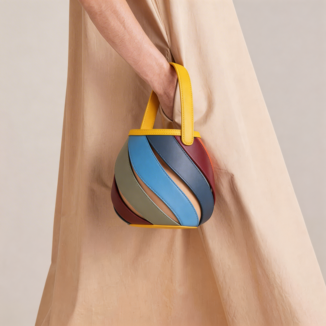 Unique spiral cage bucket bag, a stylish women's handbag with a chic top handle, perfect as a statement accessory.