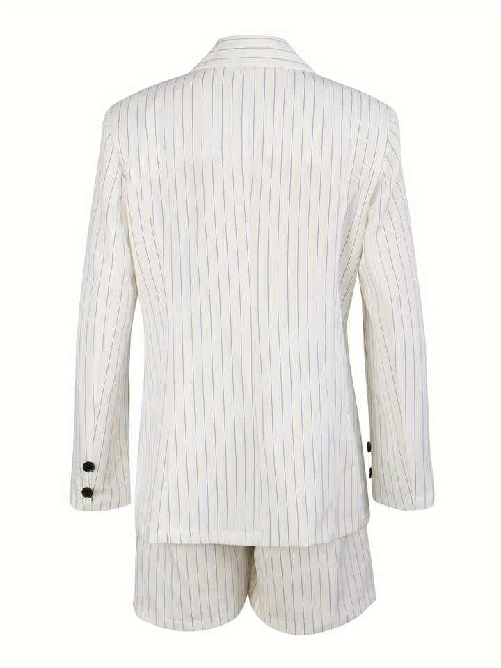 Women's chic striped summer outfit, featuring a tailored blazer and high-waisted shorts. A stylish two-piece set for elegance.