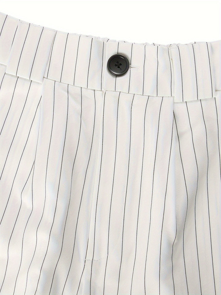 Stylish women's striped summer outfit, a chic two-piece blazer and shorts set for elegant casual wear.