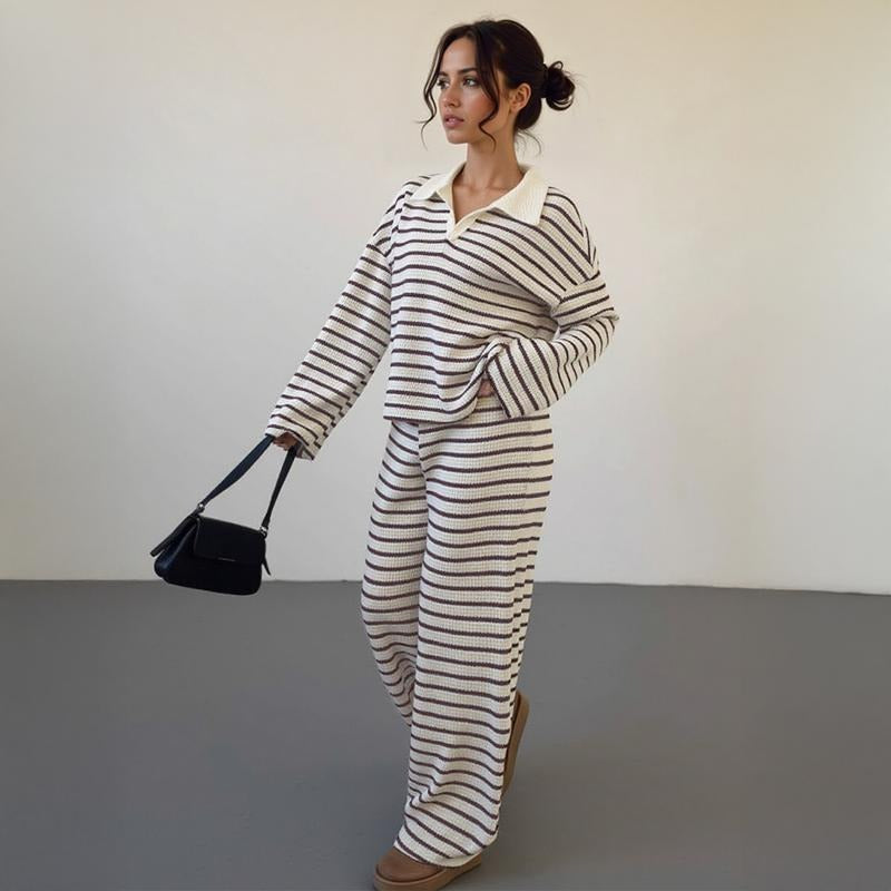 Soft cotton viscose women's striped knit loungewear set, featuring a relaxed fit for ultimate comfort.